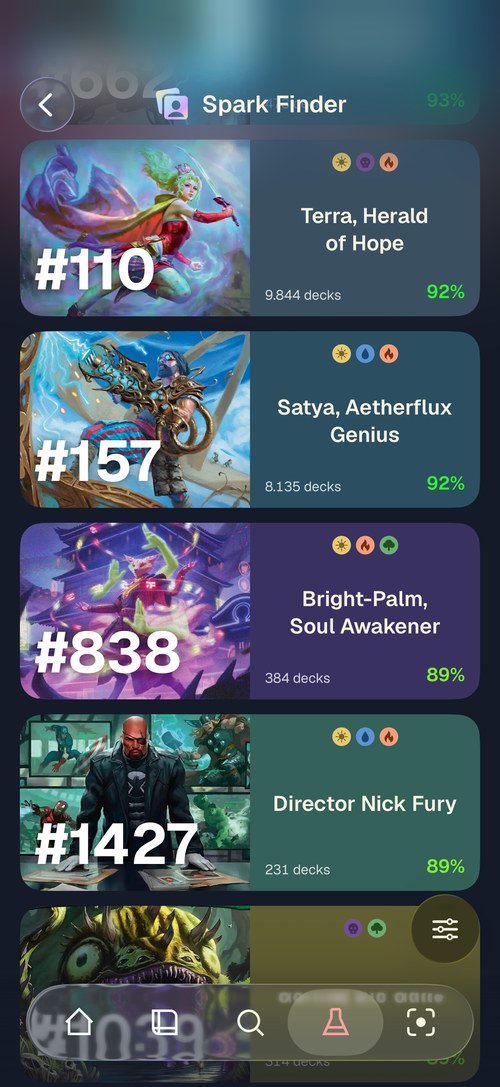 Spark Finder ranking commanders against a collection
